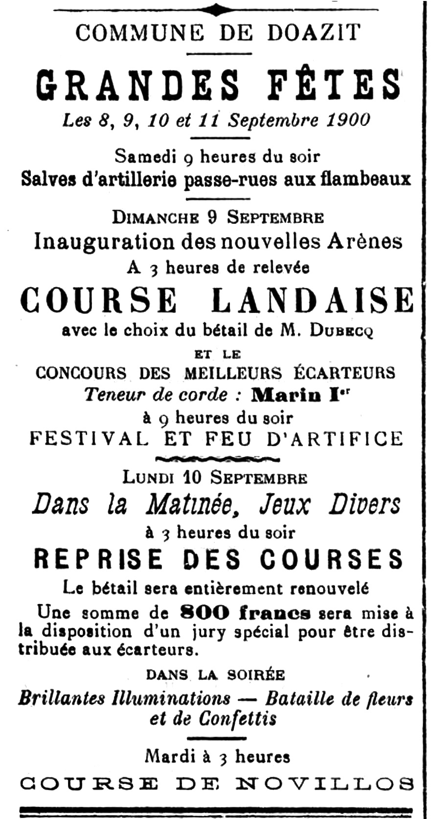 Programme 1900, avec inauguration arènes